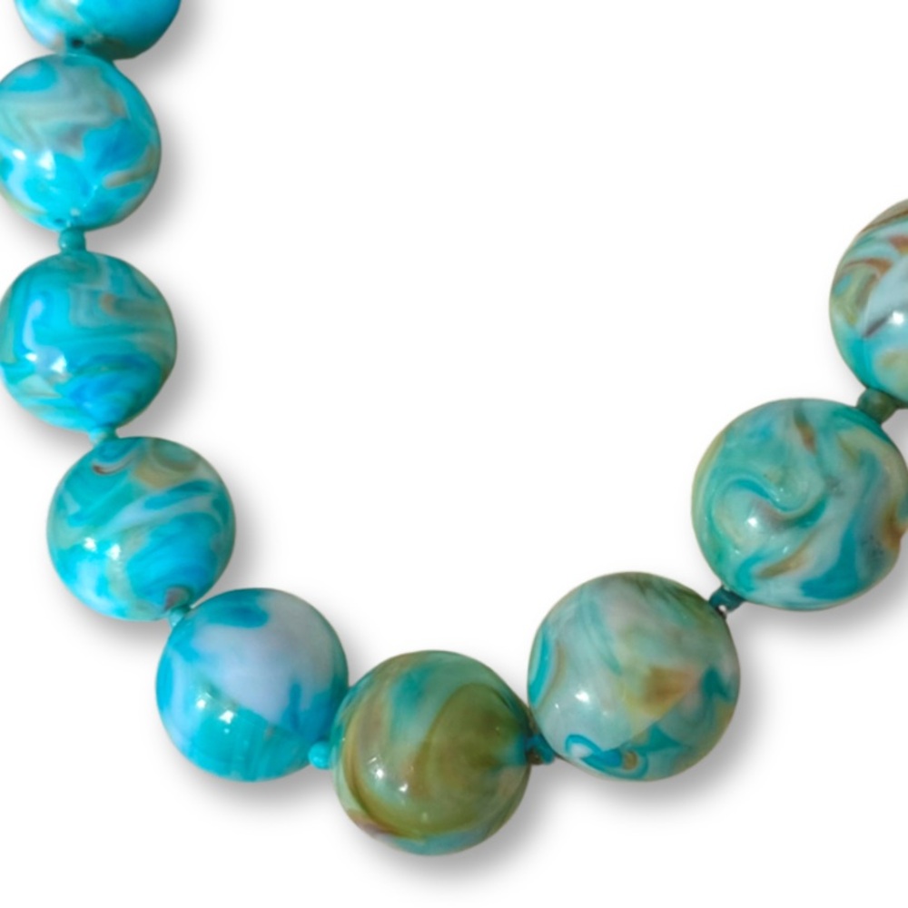 Beautiful Marblized Look Large Aqua Bead Necklace